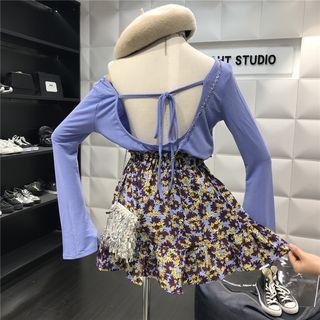 Set: Backless Long-sleeve T-shirt + Floral A-line Dress