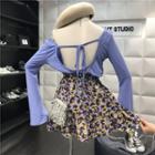 Set: Backless Long-sleeve T-shirt + Floral A-line Dress