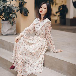 Floral Long-sleeve Sailor Collar Midi A-line Dress