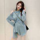 Long-sleeve Cold-shoulder Shirt Blue - One Size