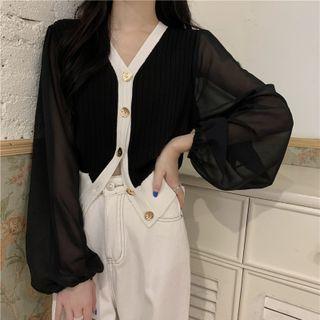 Chiffon Panel Contrast Trim Cardigan