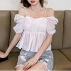 Faux Pearl Puff-sleeve Cropped Blouse