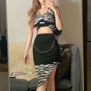 Set: Halter-neck Zebra Print Crop Top + Chained Paneled Pencil Skirt