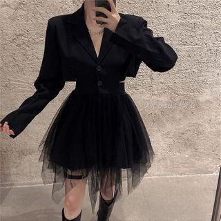 Mesh Panel Cutout Mini A-line Blazer Dress