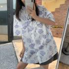 Short-sleeve Floral Print Shirt Grayish Blue Flower - White - One Size