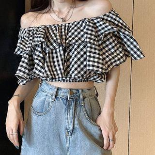 Short-sleeve Off-shoulder Tiered Checked Top