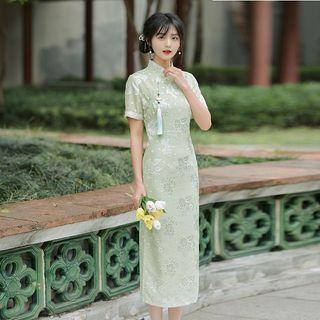 Short-sleeve Tasseled Floral Print Qipao