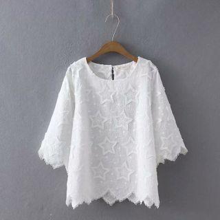 Star Embroidered 3/4-sleeve Top White - One Size