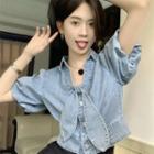 Puff-sleeve Tie-neck Denim Shirt