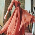 3/4-sleeve Crinkled Midi A-line Dress