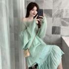 Set: Oversize Long-sleeve Knit Top + Spaghetti Strap Midi Shift Dress