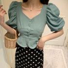 Puff-sleeve Square Neck Blouse Green - One Size