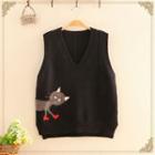 Cat Jacquard V-neck Knit Vest