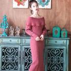 Off-shoulder Long-sleeve Cable Knit Dress Dark Brick Red - One Size