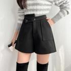 High-waist Plain Asymmetric A-line Woolen Shorts