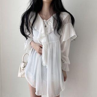 Long-sleeve V-neck Ruffle Blouse White - One Size