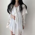 Long-sleeve V-neck Ruffle Blouse White - One Size