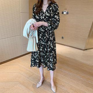 Long-sleeve Flower Print Midi A-line Dress / Camisole