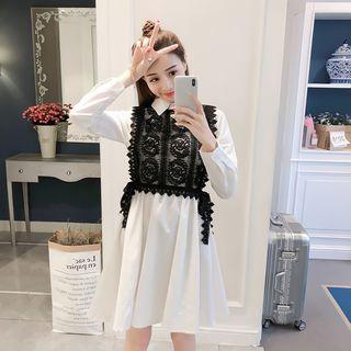 Set: Long-sleeve A-line Shirt Dress + Lace Vest
