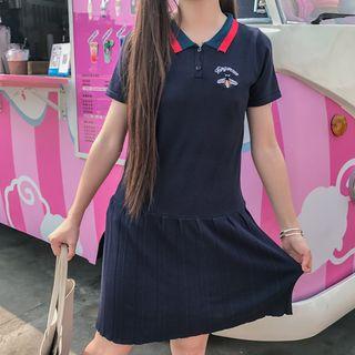 Embroidered Short-sleeve Pleated T-shirt Dress