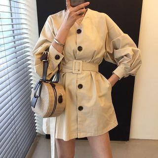 Puff-sleeve Buttoned Belted Waist A-line Mini Dress