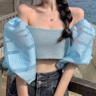 Off-shoulder Mesh Panel Top Blue - One Size