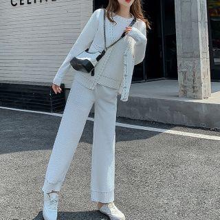 Set: Cardigan + Short-sleeve Knit Top + Wide-leg Pants