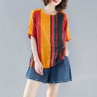 Rainbow Striped Round-neck Short-sleeve T Shirt As Shown In Figure - L