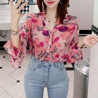 Long Sleeve Ruffle Accent Floral Blouse