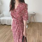 Floral Print Elbow-sleeve Midi Wrap Dress Red - One Size