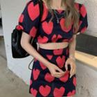 Puff-sleeve Heart Print Crop Top / Mini Pencil Skirt