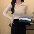 Long-sleeve Collared V-neck Knit Top