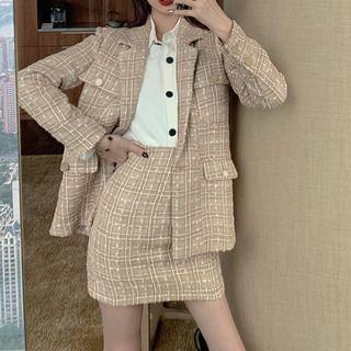Long-sleeve Tweed Blazer / High-waist Tweed Skirt