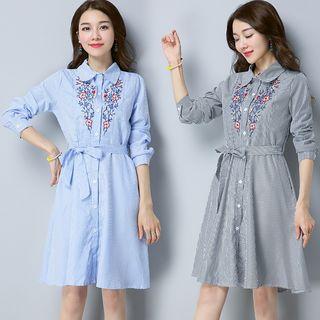 Long-sleeve Floral Embroidery Striped Dress