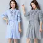 Long-sleeve Floral Embroidery Striped Dress