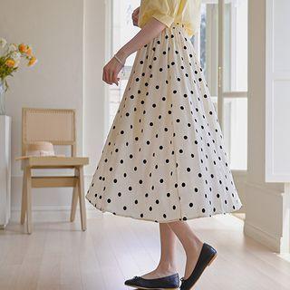 Crinkled Dotted Long Flare Skirt