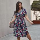 Plus Size Short-sleeve Floral Print Midi A-line Dress