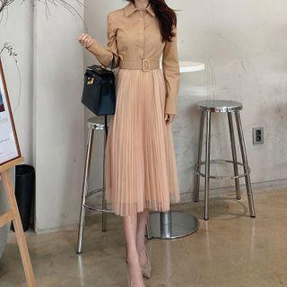 Mock Two-piece Panel Mesh Accordion Pleat Dress