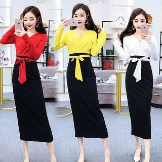 Long-sleeve Two-tone Sheath Midi Dress With Sash
