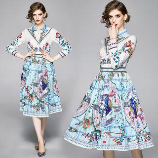 Printed Pleated A-line Midi Shirtdress