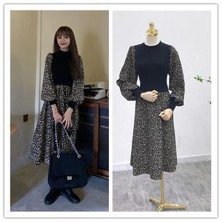 Long-sleeve Floral Print Knit Panel Midi A-line Dress