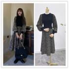 Long-sleeve Floral Print Knit Panel Midi A-line Dress