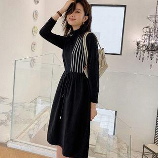 Mock-neck Long-sleeve Striped A-line Dress