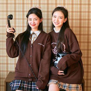 V-neck Letter Embroidered Cardigan Brown - One Size
