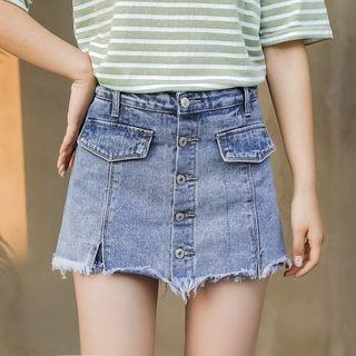 Buttoned Ripped Denim Skort
