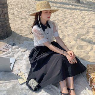 Set: Short-sleeve Dotted Mesh Shirt + Midi A-line Skirt