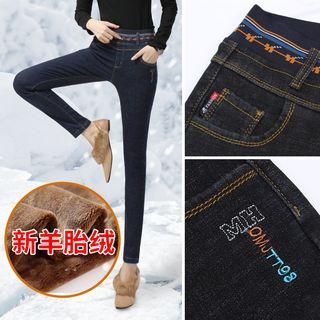 Lettering Fleece-lined Skinny Jeans