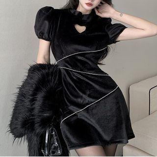 Puff-sleeve Cutout Heart Rhinestone Velvet Mini Sheath Dress