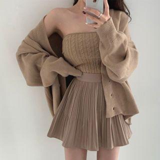Knit Tube Top / A-line Skirt / Cardigan