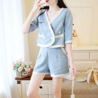 Set: Contrast Trim Double-breasted Jacket + Shorts